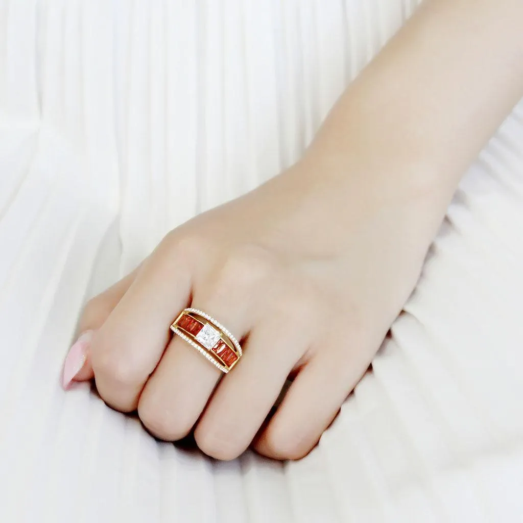 IP Gold(Ion Plating) Stainless Steel Ring with AAA Grade CZ in Garnet for Women Style DA360
