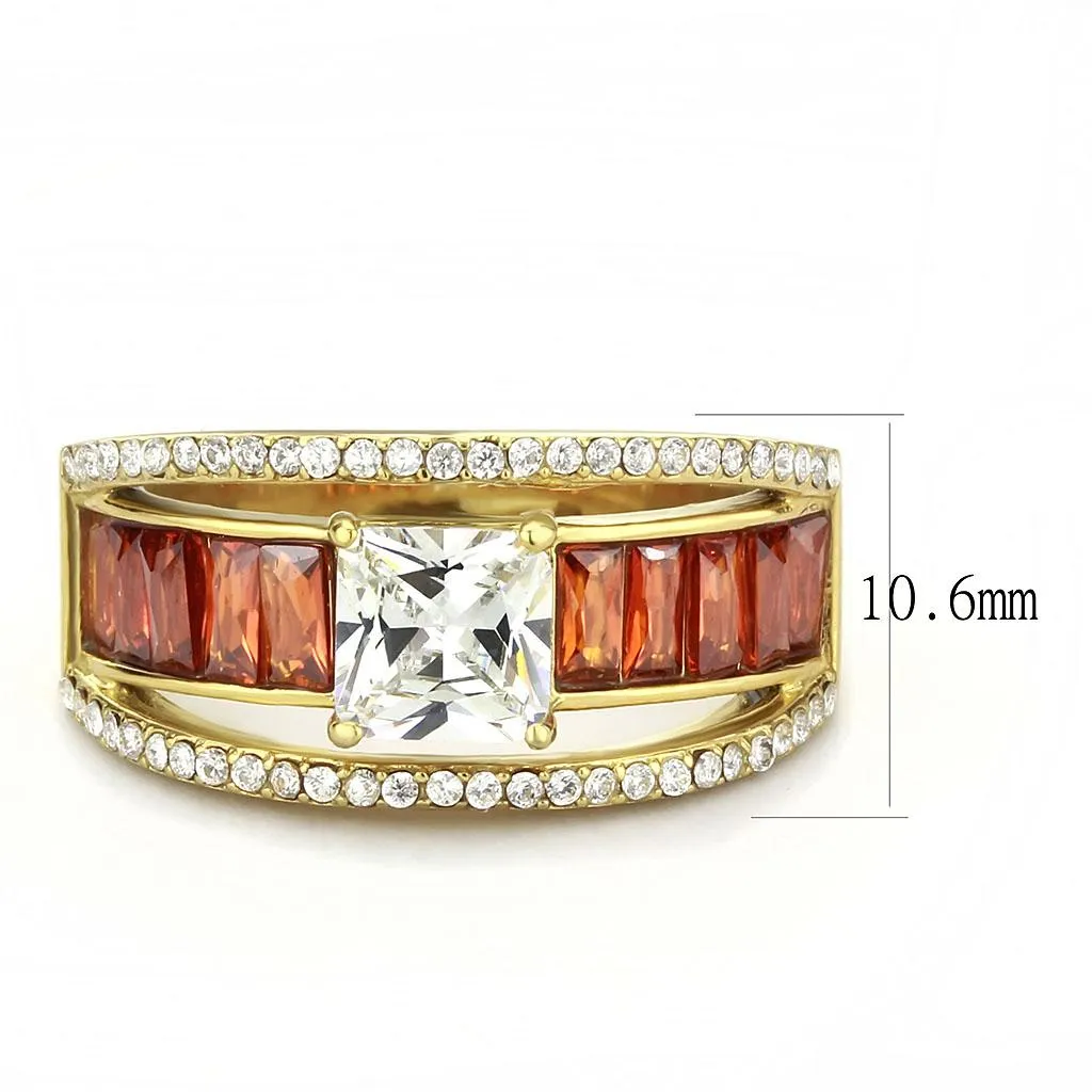 IP Gold(Ion Plating) Stainless Steel Ring with AAA Grade CZ in Garnet for Women Style DA360