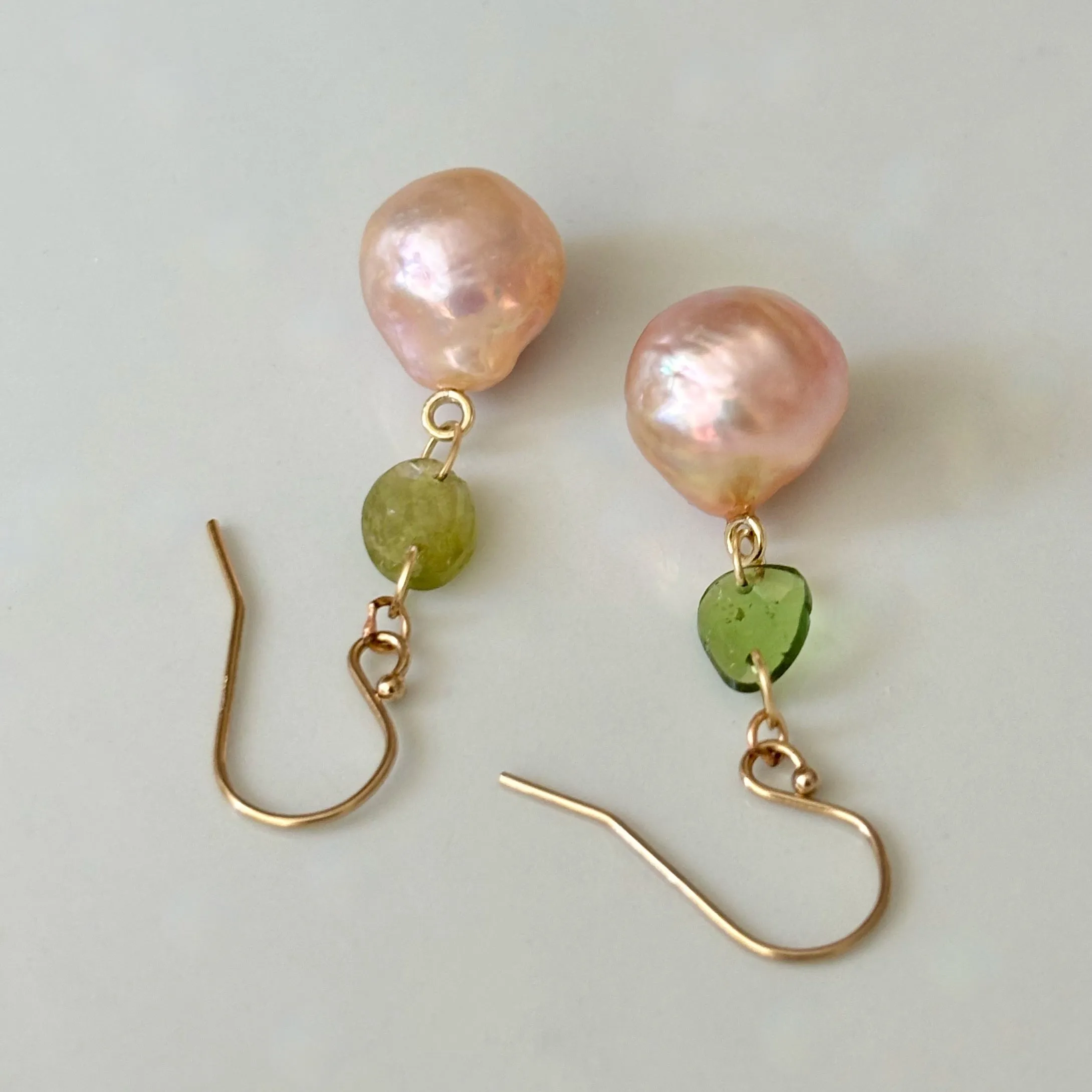 Japan Kasumi peach pearls with bi color green tourmaline earrings