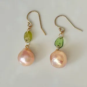 Japan Kasumi peach pearls with bi color green tourmaline earrings