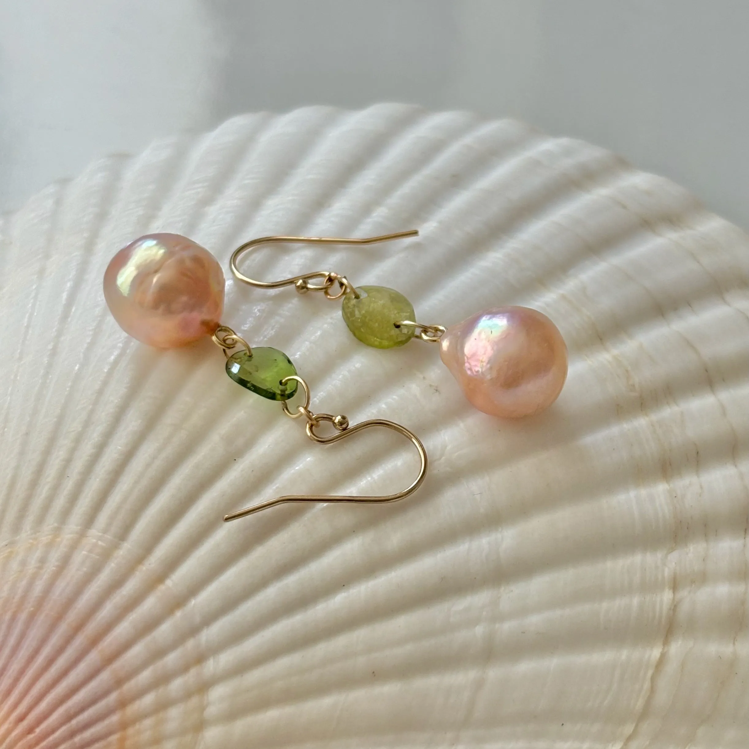 Japan Kasumi peach pearls with bi color green tourmaline earrings
