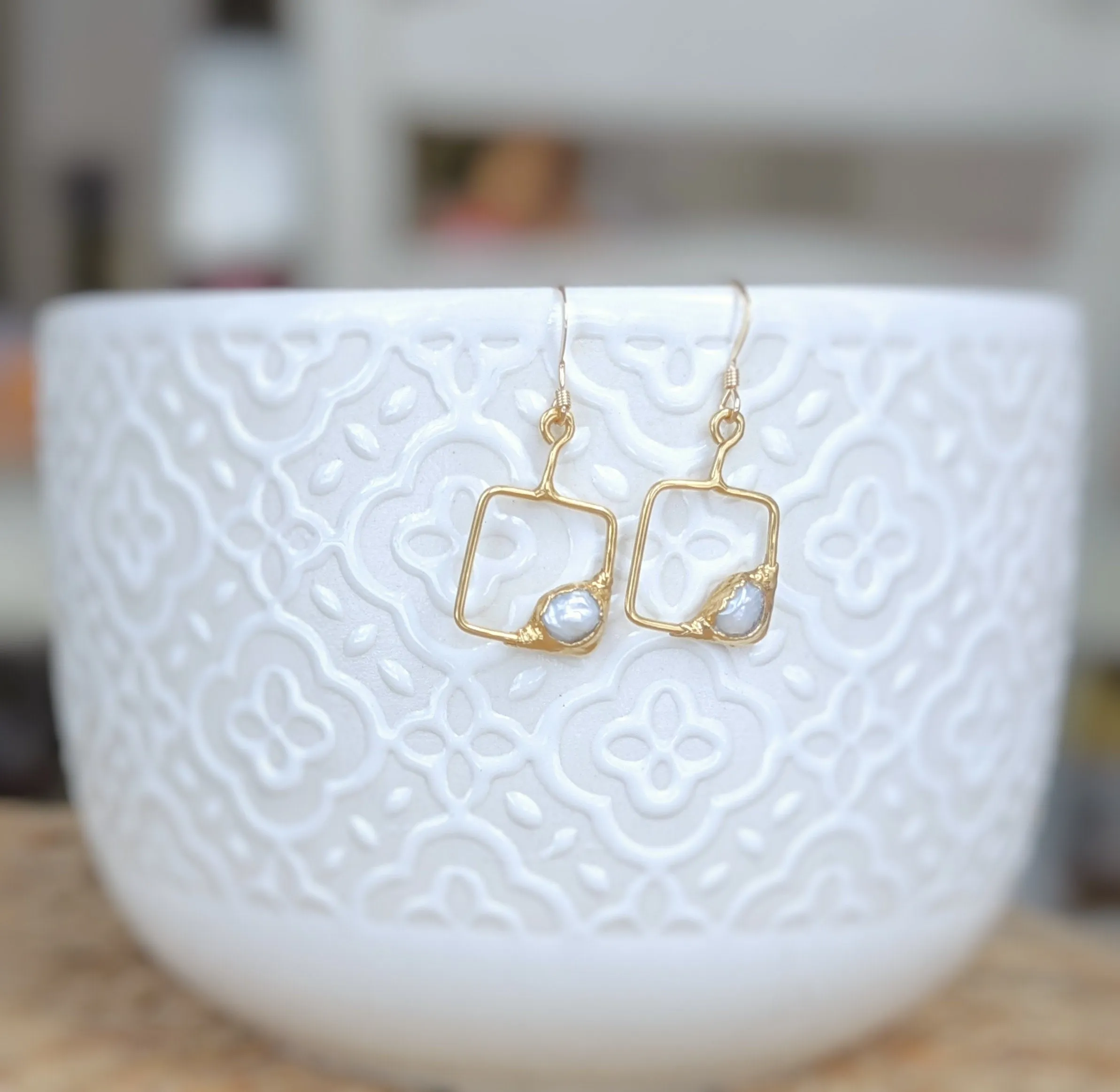 Keshi pearl square dangle earrings