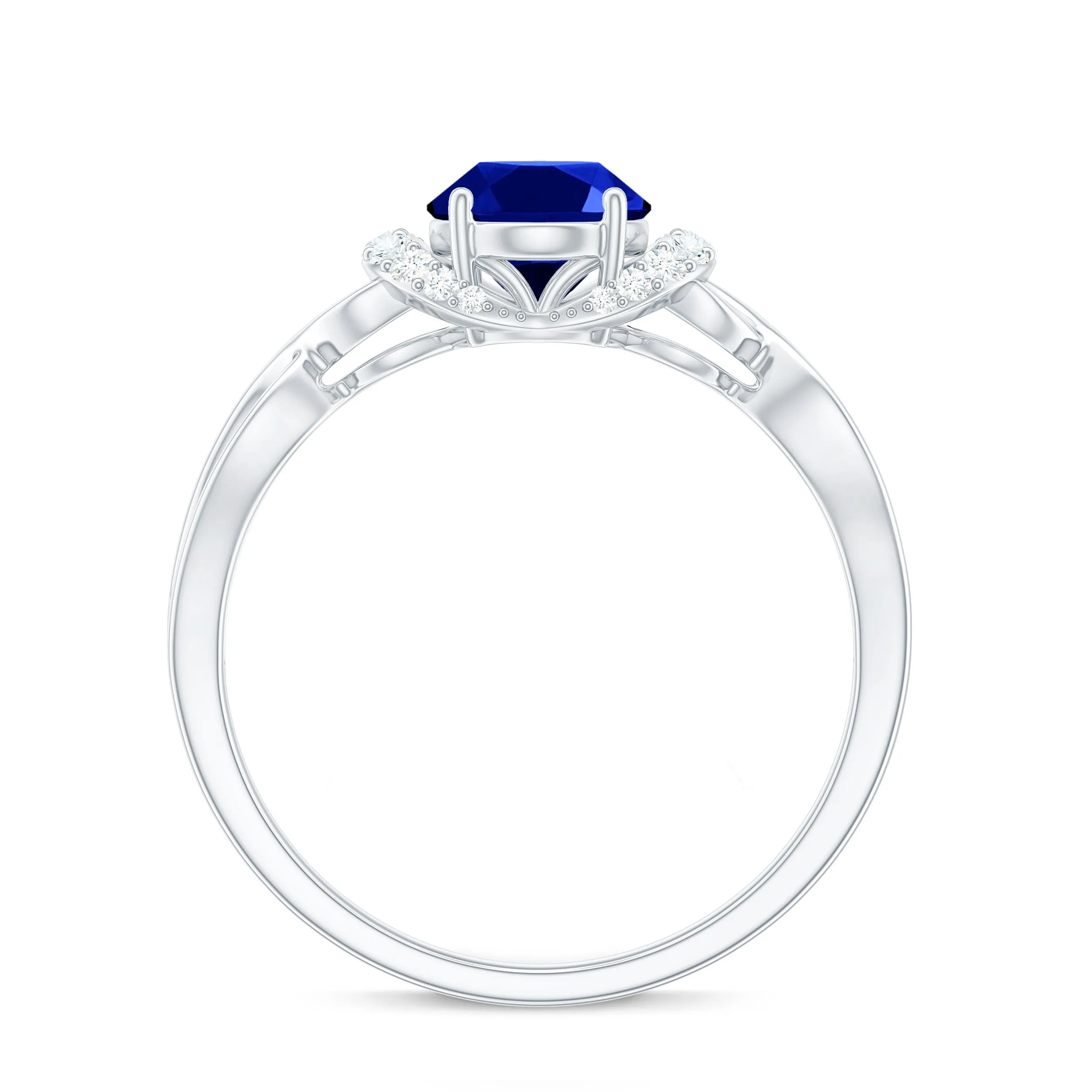 Lab Grown Blue Sapphire and Diamond Solitaire Crossover Ring