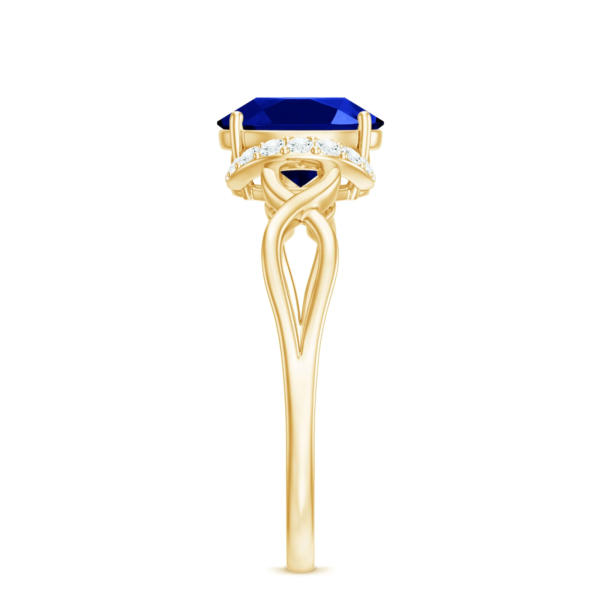 Lab Grown Blue Sapphire and Diamond Solitaire Crossover Ring