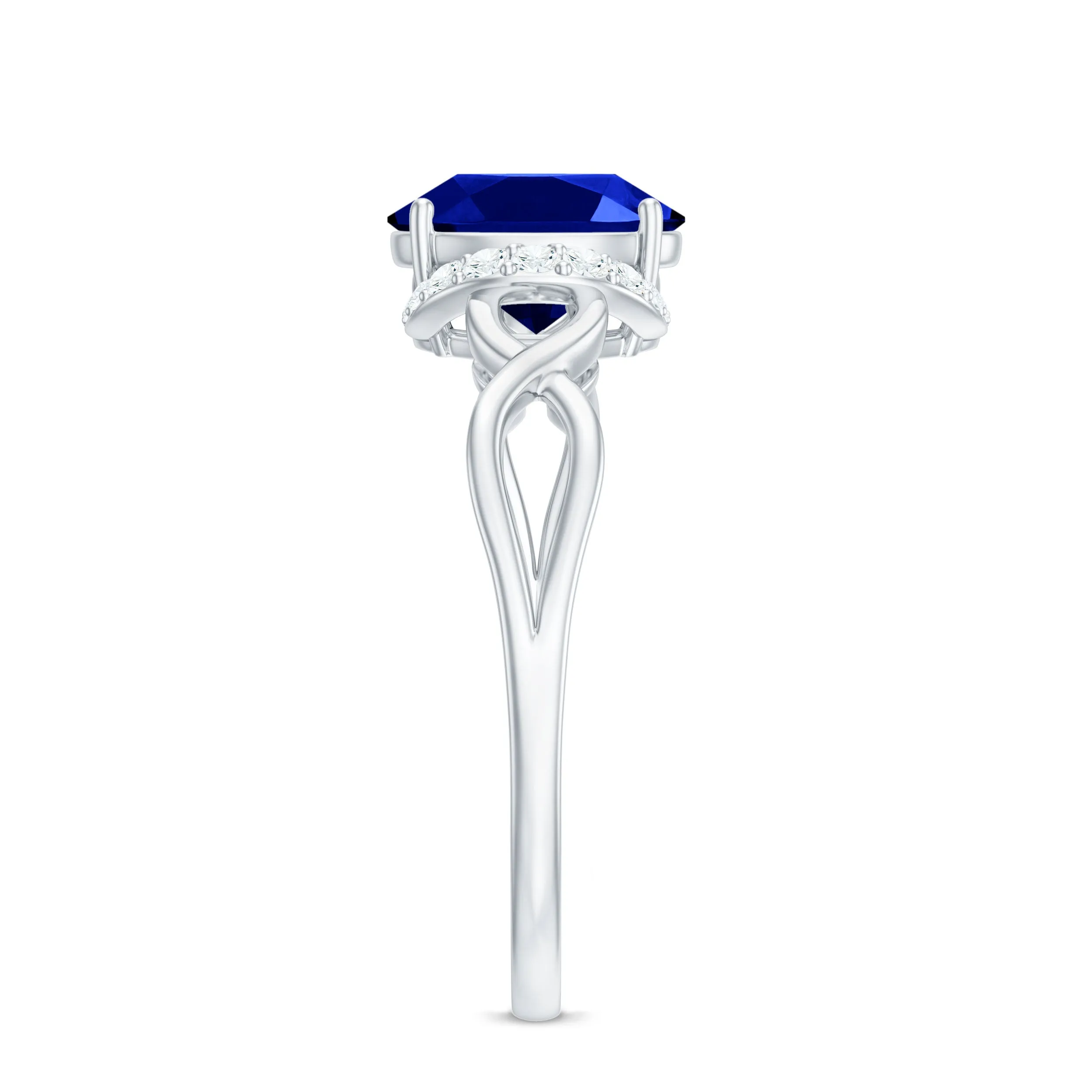 Lab Grown Blue Sapphire and Diamond Solitaire Crossover Ring