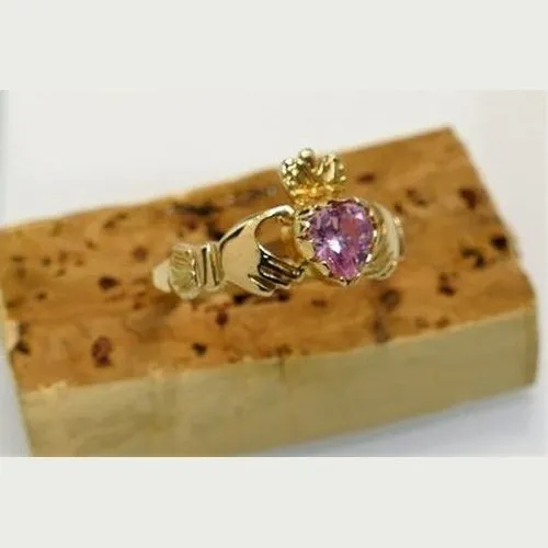 Ladies Pink CZ 9ct Claddagh Ring