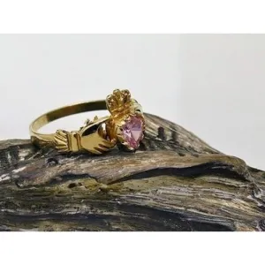 Ladies Pink CZ 9ct Claddagh Ring