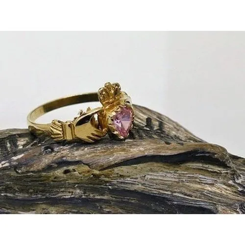 Ladies Pink CZ 9ct Claddagh Ring