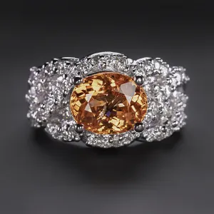 MANDARIN GARNET DIAMOND COCKTAIL RING 18k WHITE GOLD STATEMENT WIDE ORANGE BIG