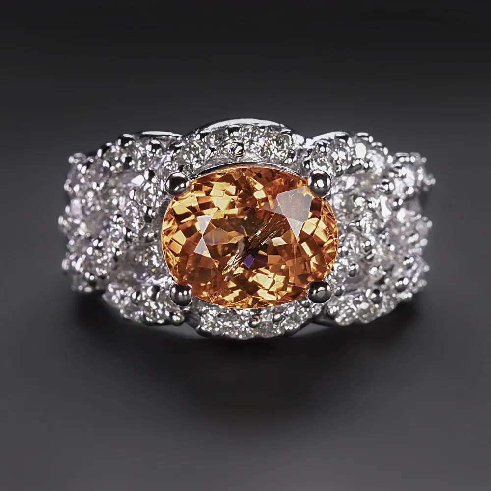 MANDARIN GARNET DIAMOND COCKTAIL RING 18k WHITE GOLD STATEMENT WIDE ORANGE BIG