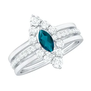 Marquise London Blue Topaz Solitaire Trio Ring Set with Diamond