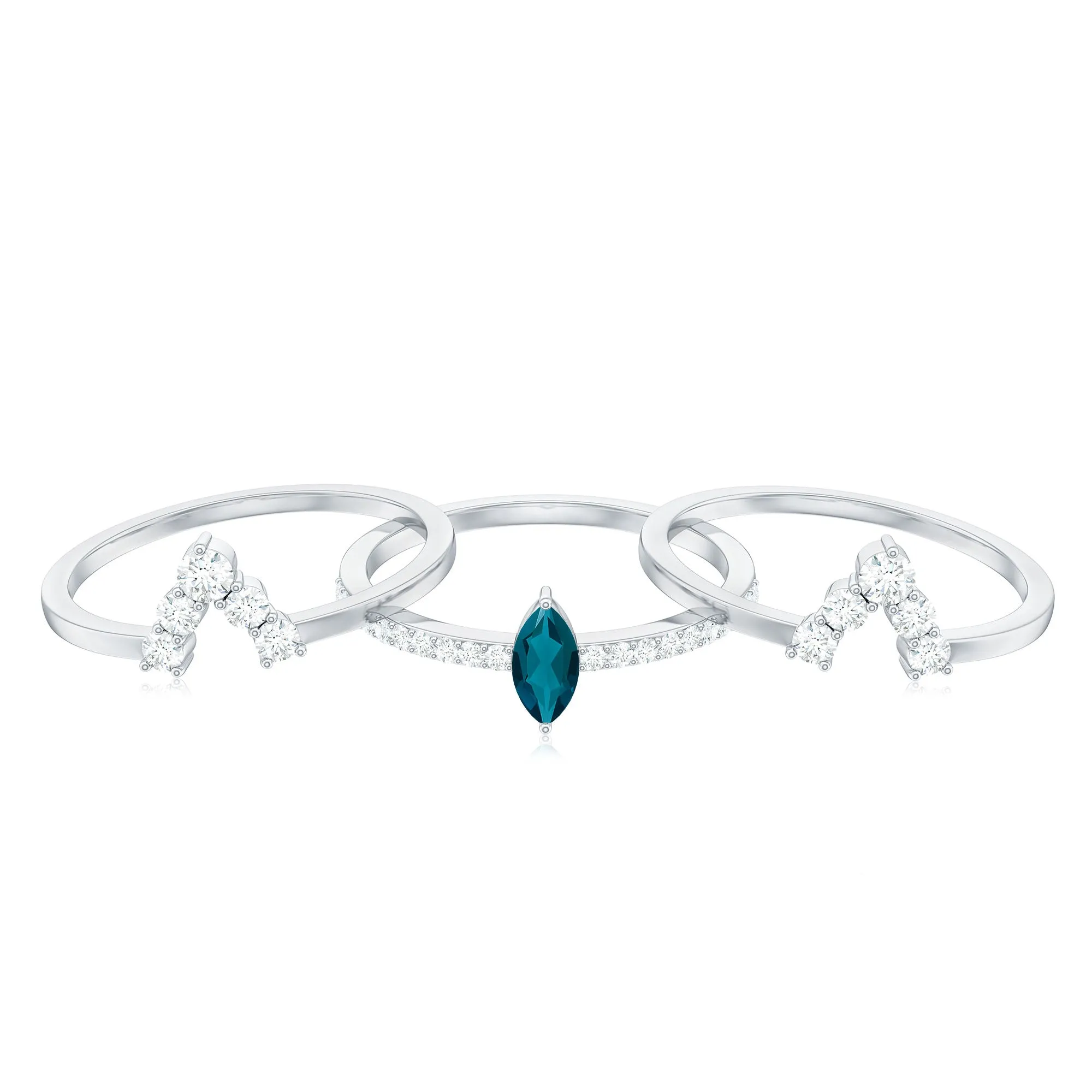 Marquise London Blue Topaz Solitaire Trio Ring Set with Diamond