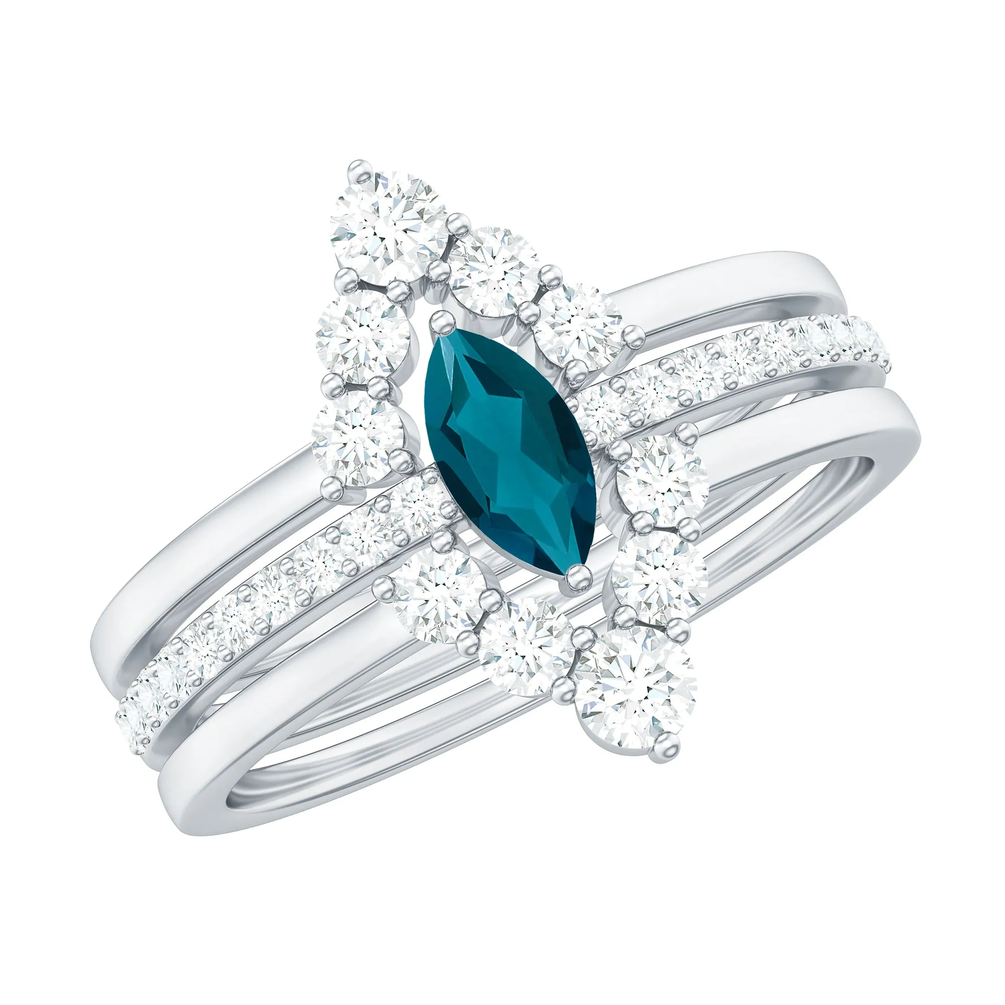Marquise London Blue Topaz Solitaire Trio Ring Set with Diamond