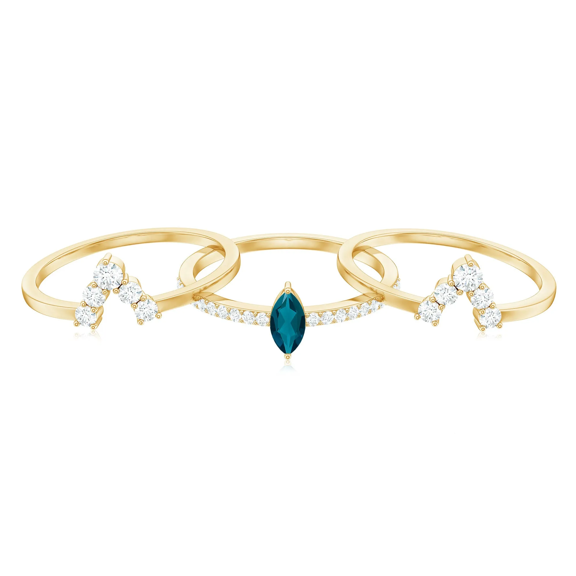 Marquise London Blue Topaz Solitaire Trio Ring Set with Diamond