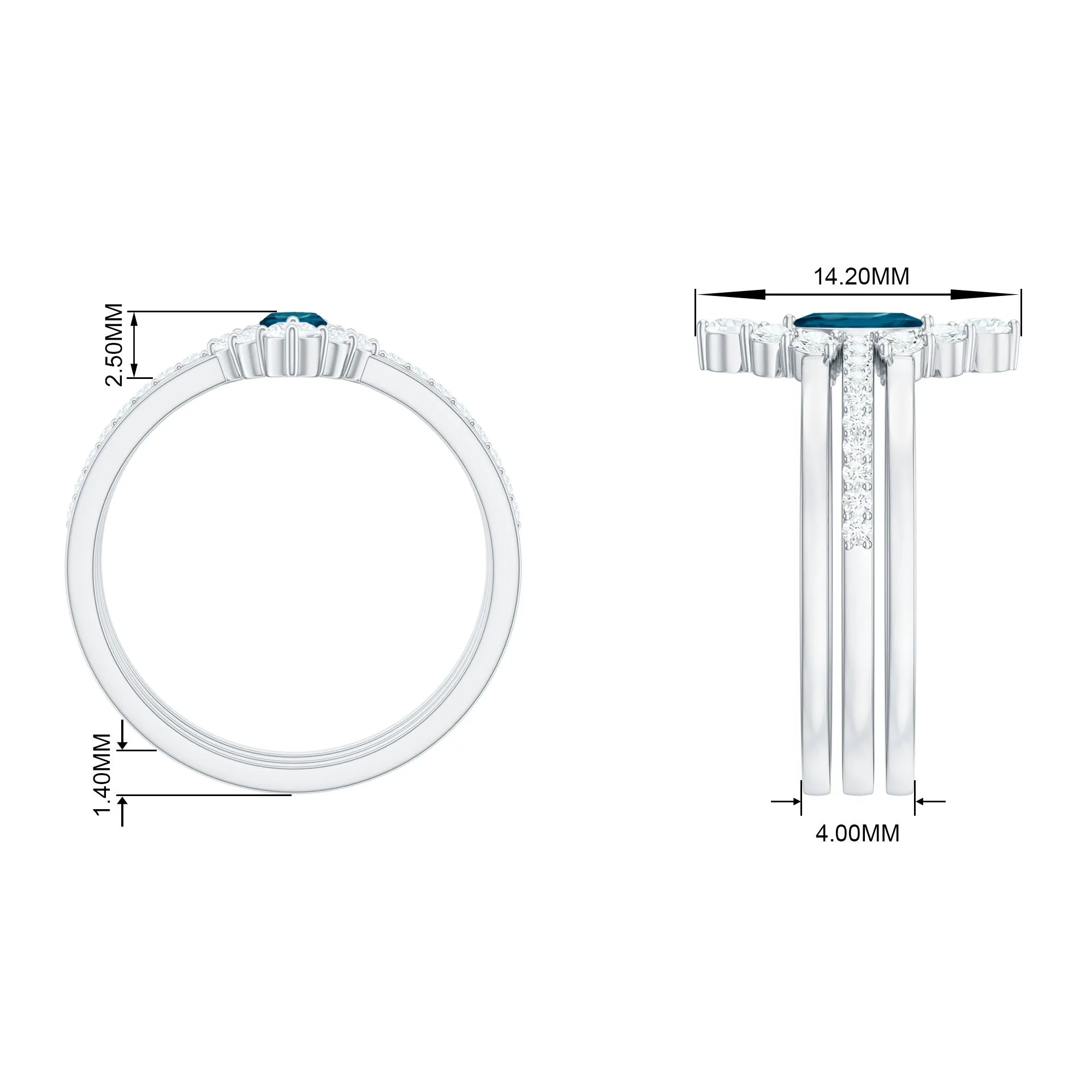 Marquise London Blue Topaz Solitaire Trio Ring Set with Diamond