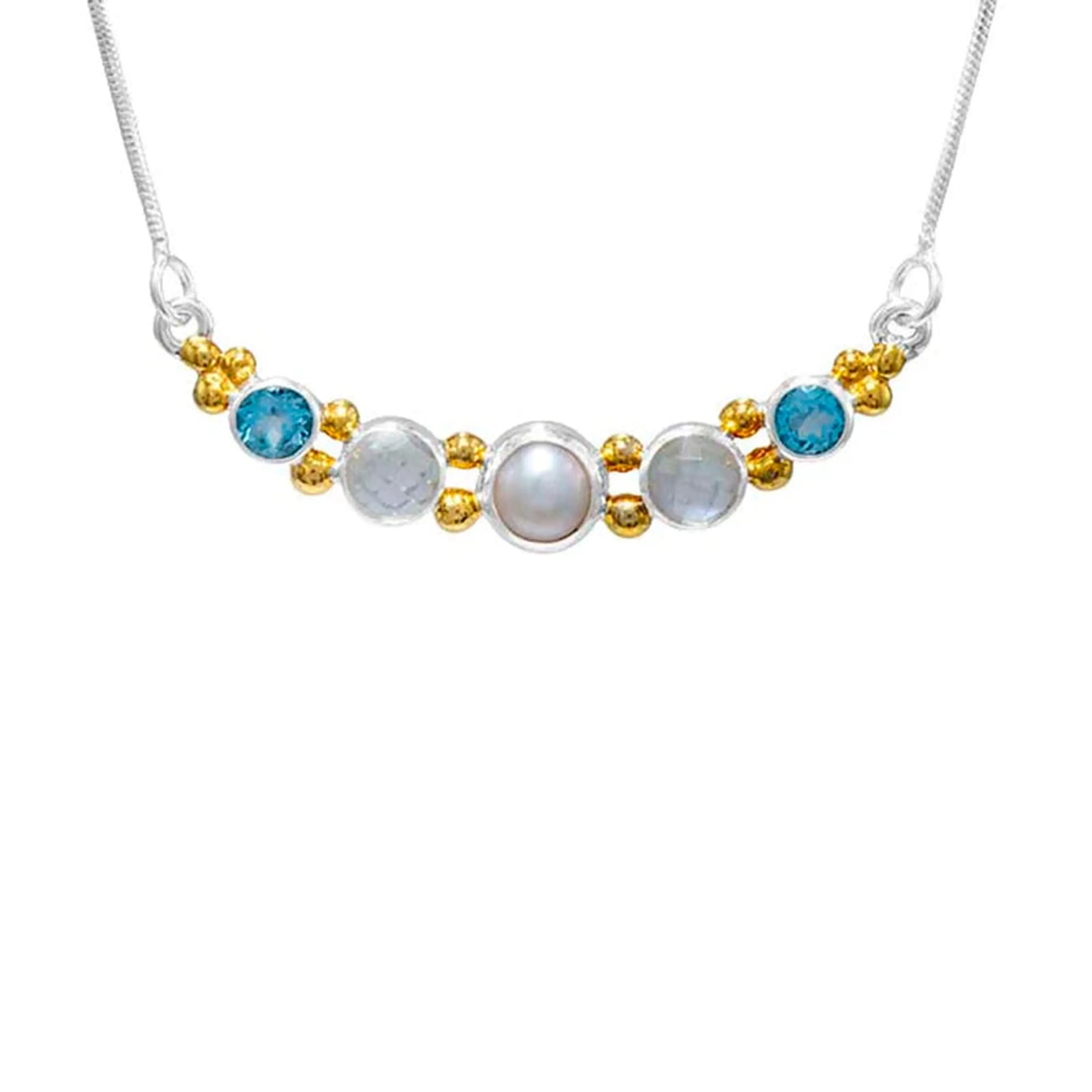 Michou Sterling Silver   22 kt Gold Vermeil Baby Blue Topaz   Pearl Necklace