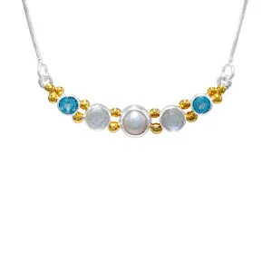 Michou Sterling Silver   22 kt Gold Vermeil Baby Blue Topaz   Pearl Necklace