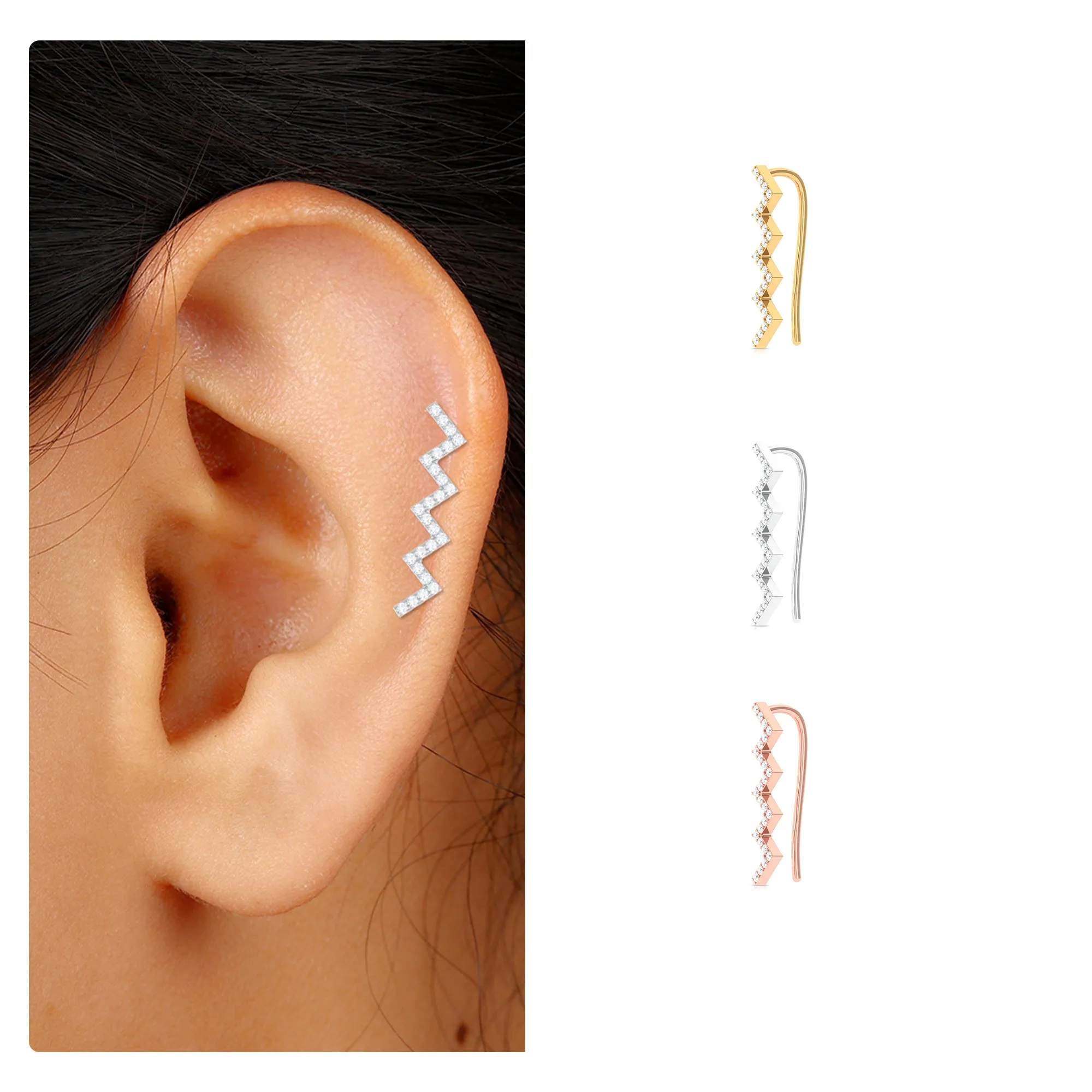 Moissanite Zig Zag Climber Earring for Helix Piercing
