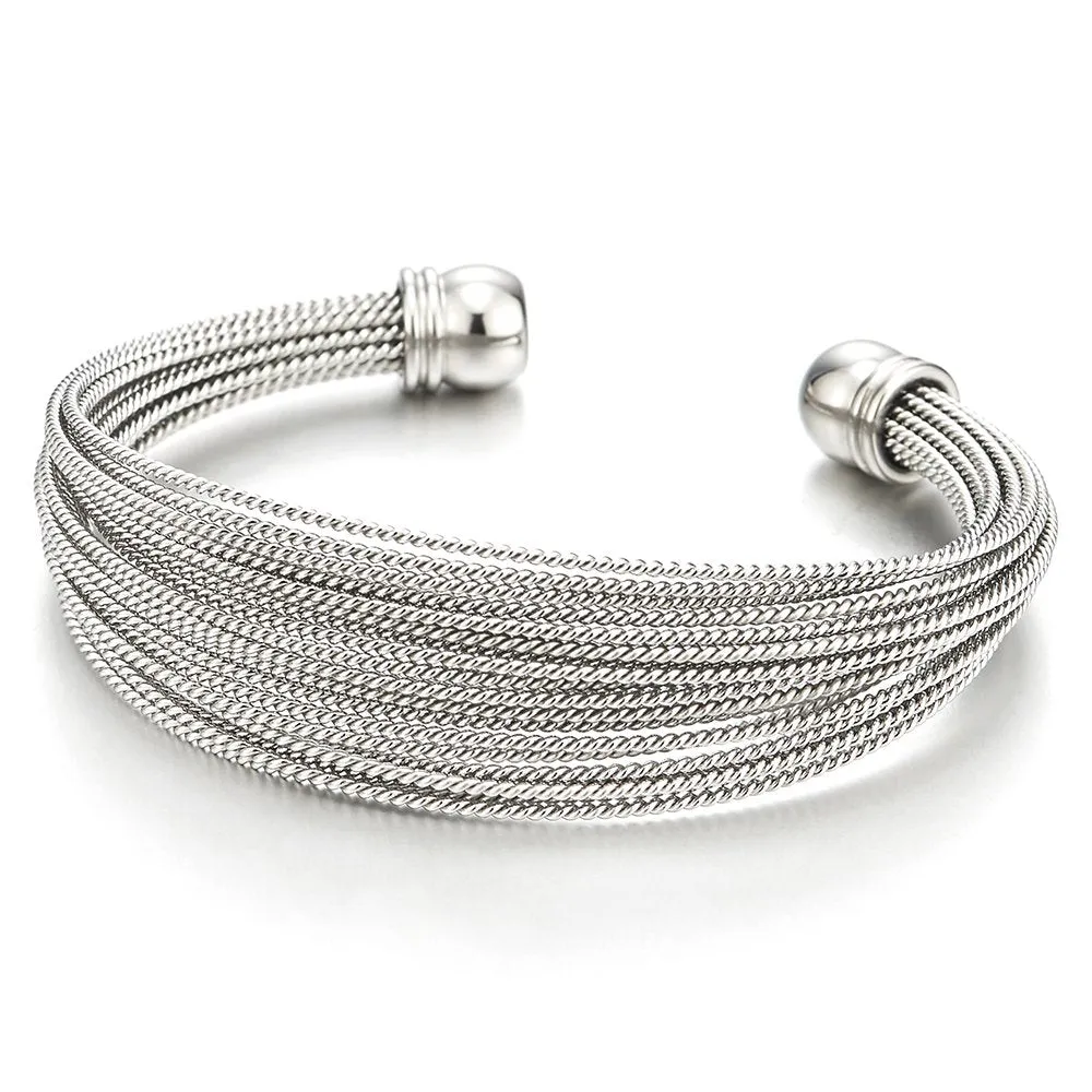 Multi-Strand Women's Stainless Steel Adjustable Cuff Bangle Bracelet