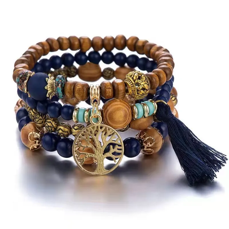 Multilayer Beaded Wooden Tassel  Bracelet