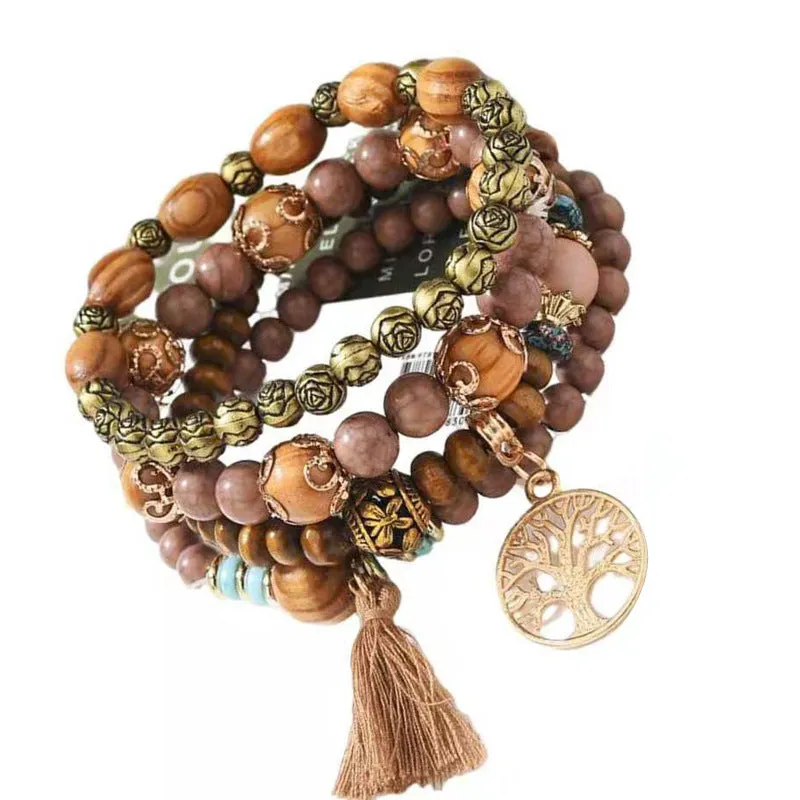 Multilayer Beaded Wooden Tassel  Bracelet