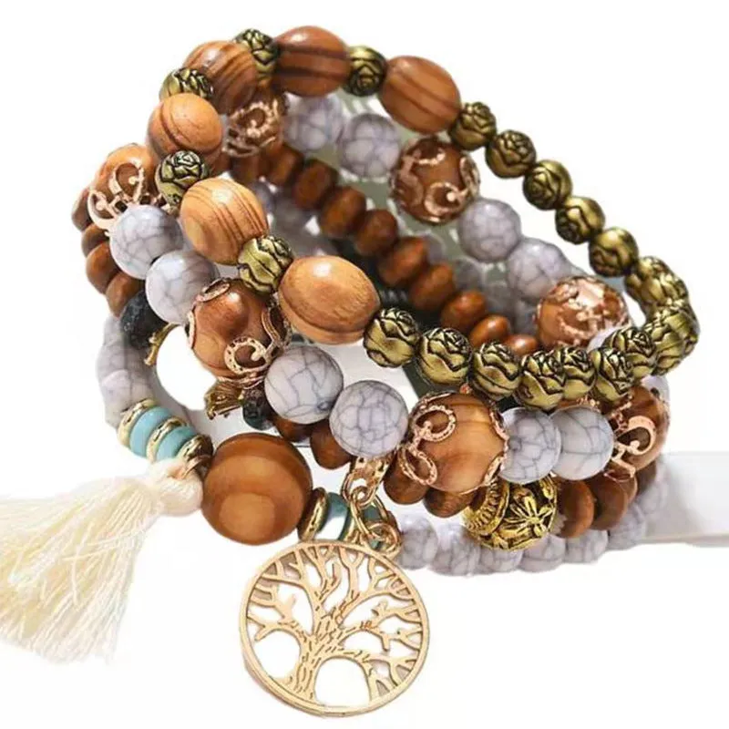 Multilayer Beaded Wooden Tassel  Bracelet