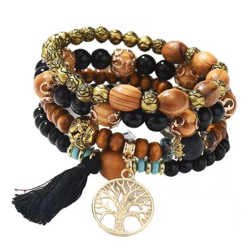 Multilayer Beaded Wooden Tassel  Bracelet