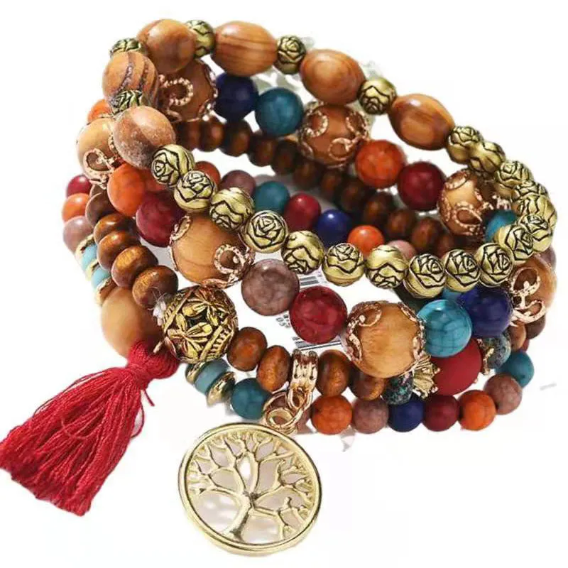 Multilayer Beaded Wooden Tassel  Bracelet