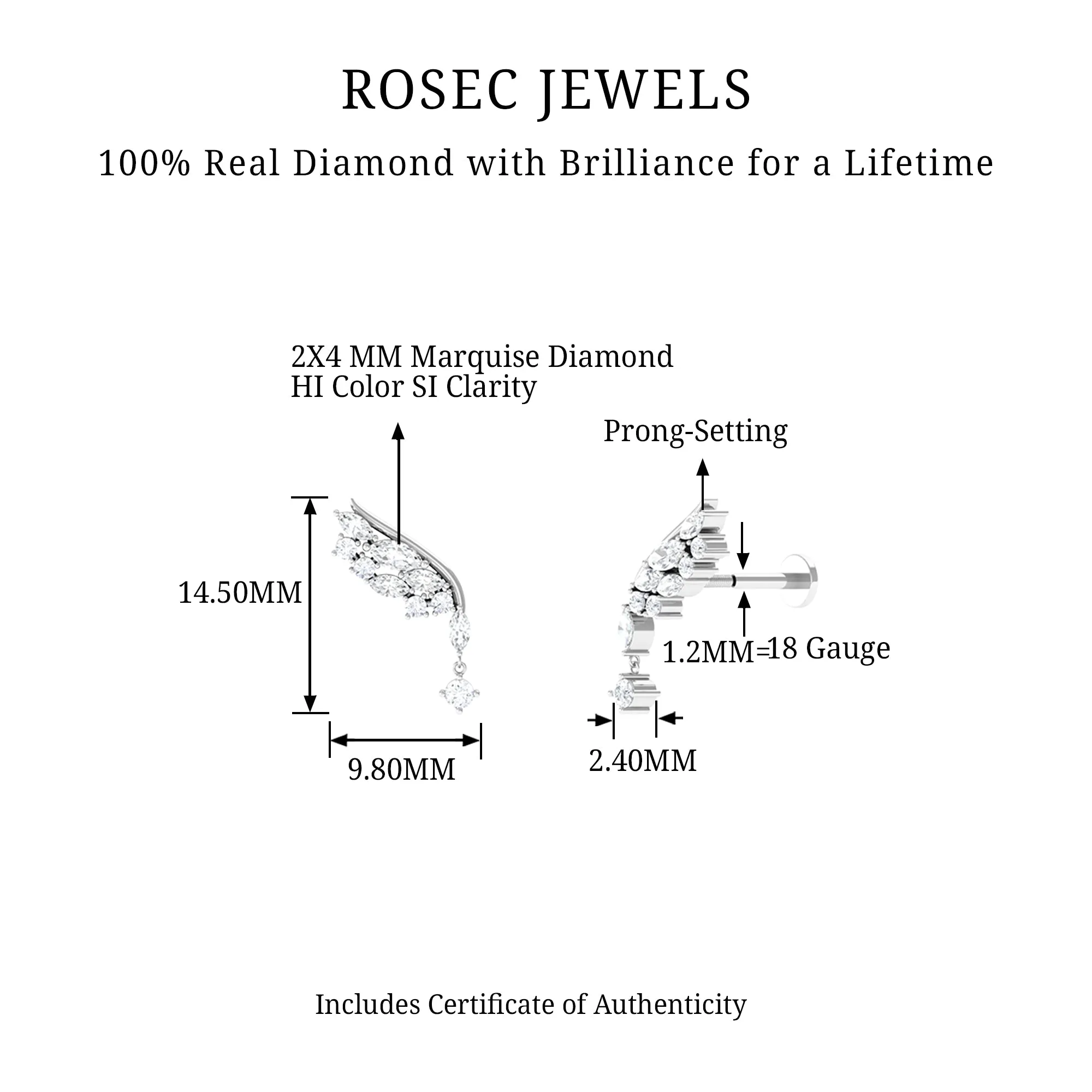 Natural Diamond Wing Helix Drop Earring with Flat Back