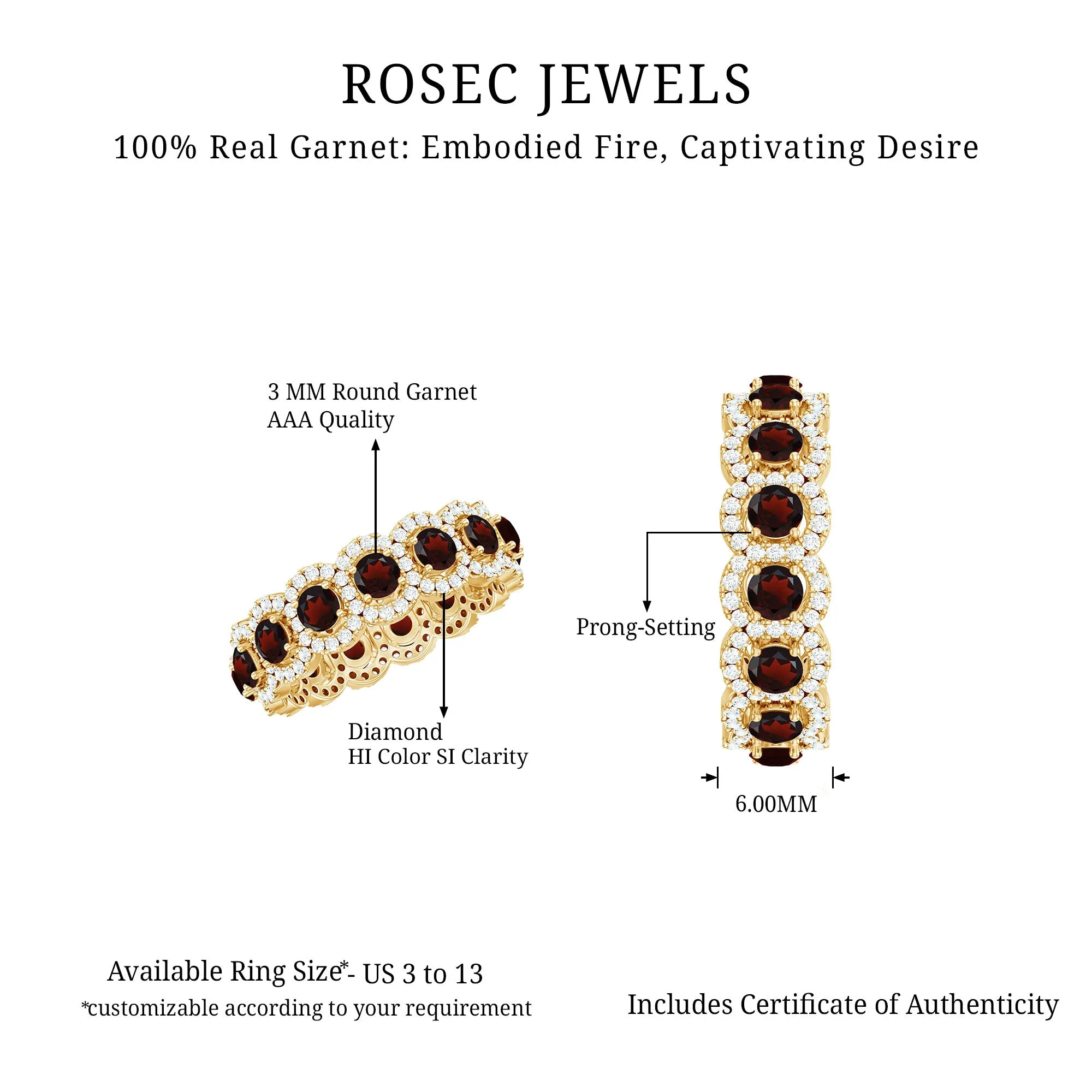 Natural Garnet Wedding Band with Moissanite Halo