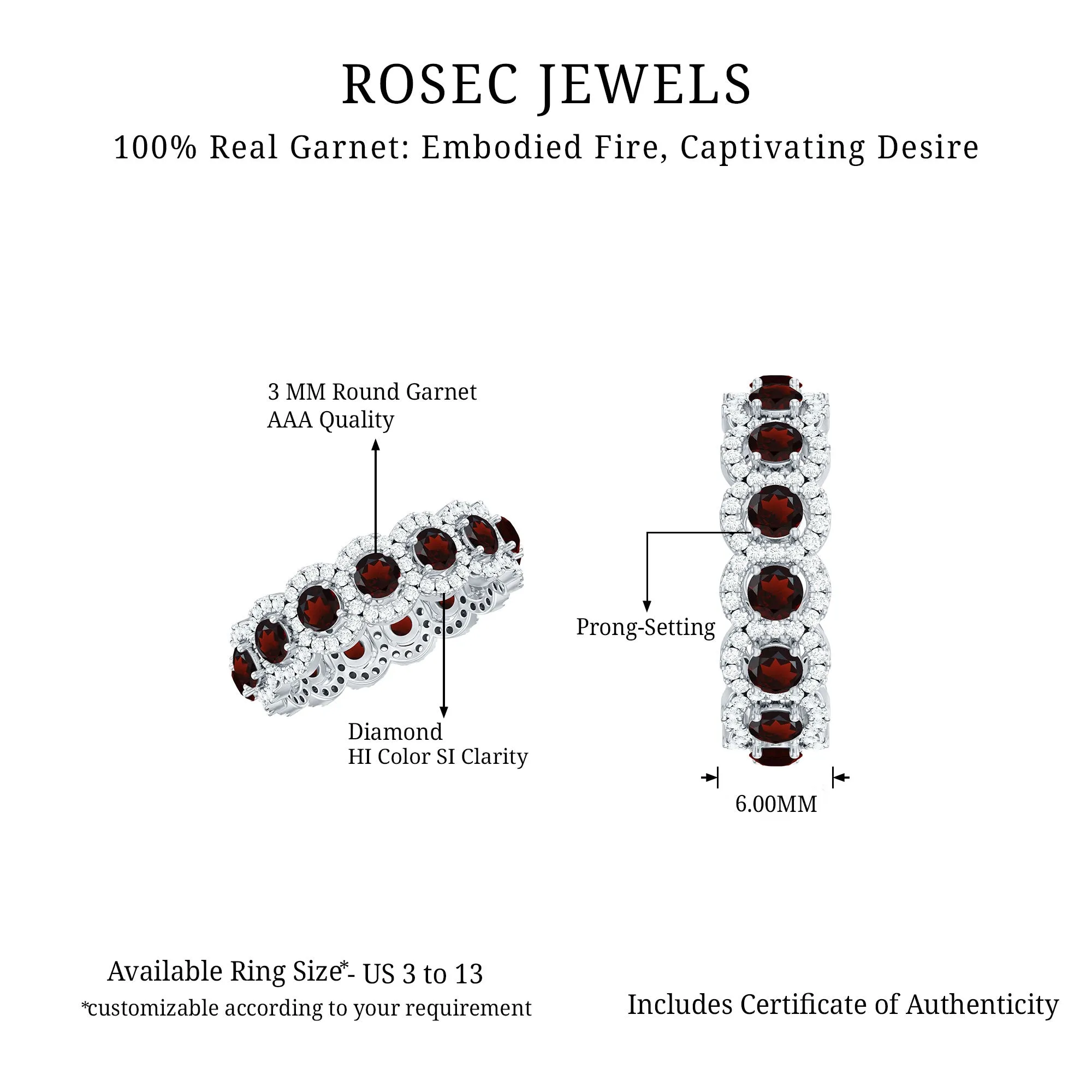 Natural Garnet Wedding Band with Moissanite Halo