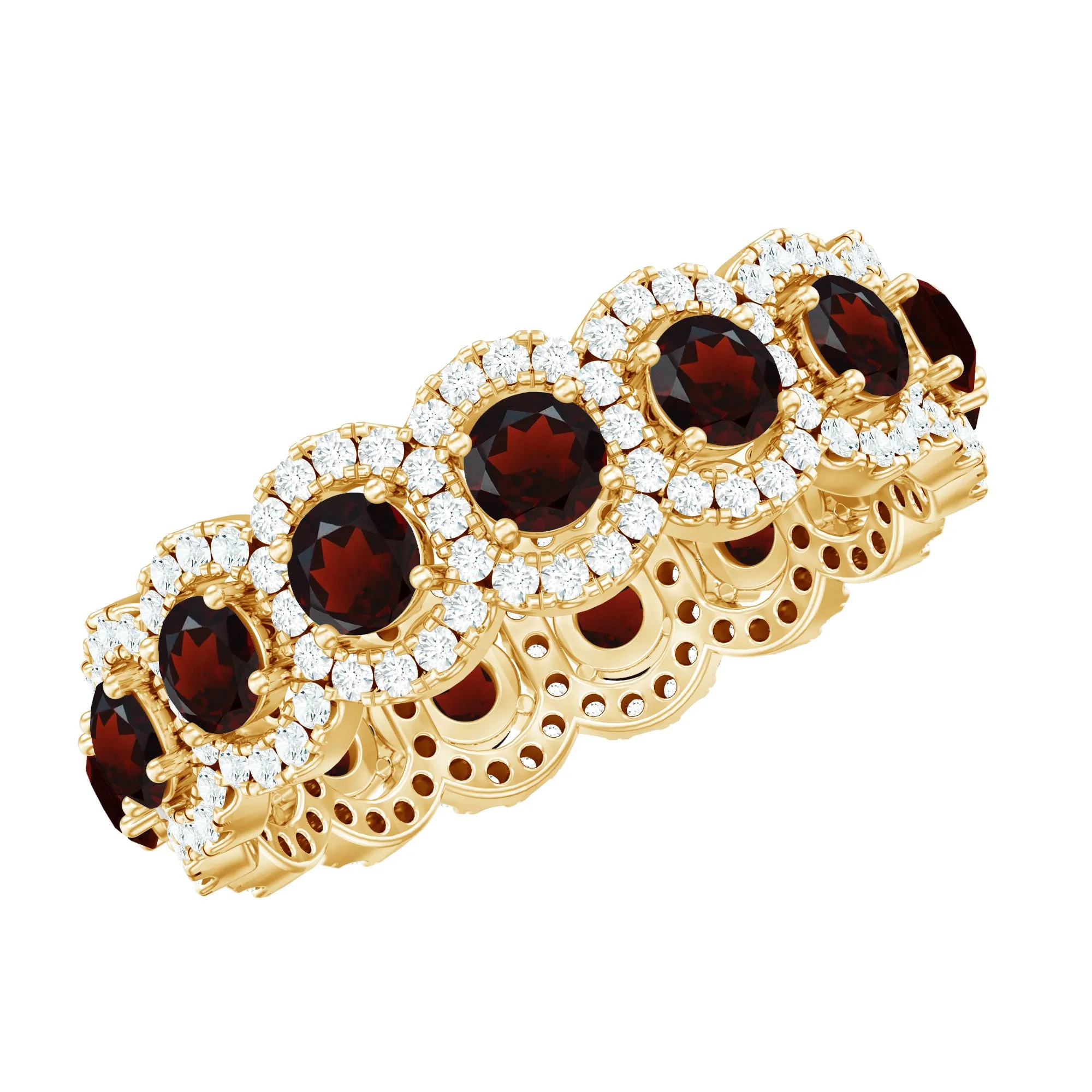 Natural Garnet Wedding Band with Moissanite Halo