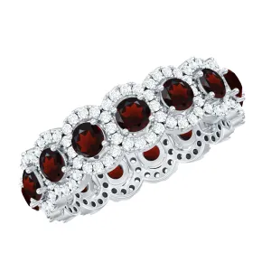 Natural Garnet Wedding Band with Moissanite Halo