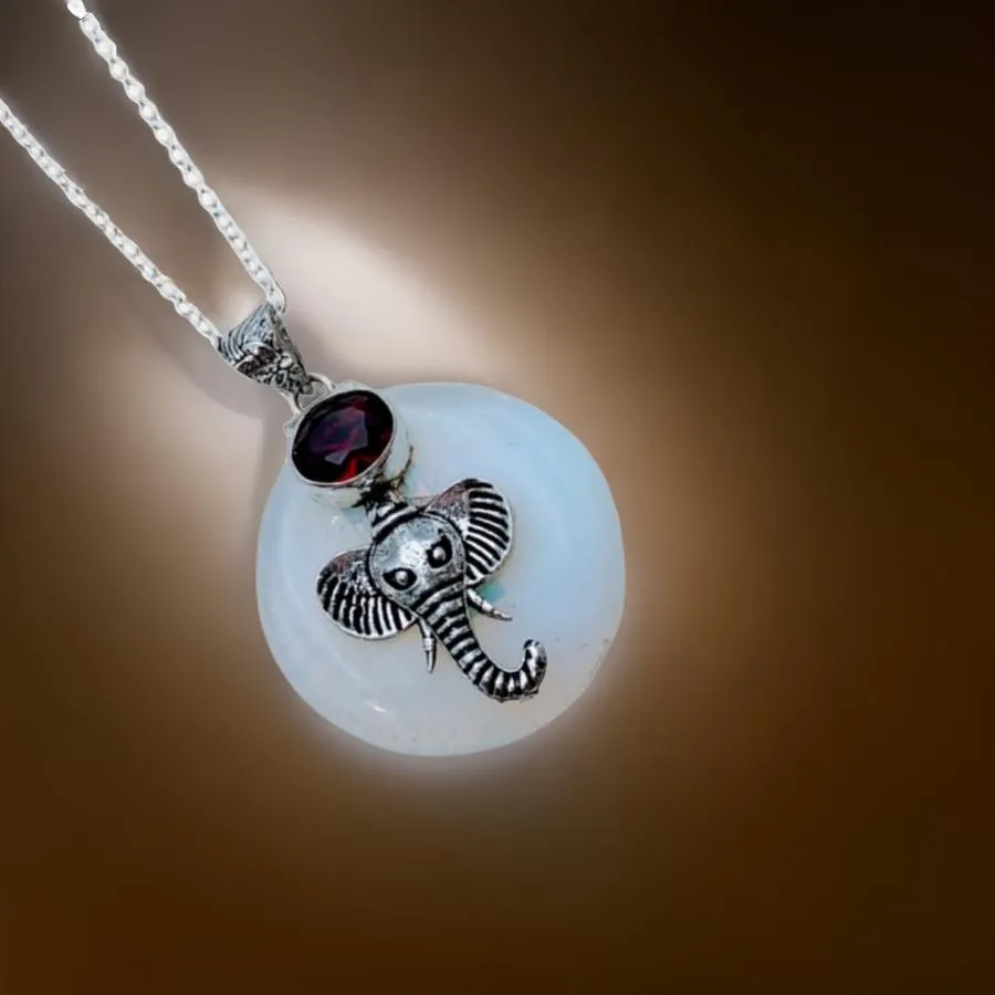 Opalite & Garnet Elephant Necklace