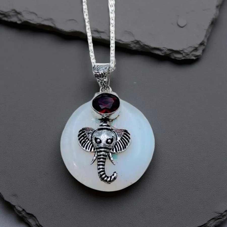 Opalite & Garnet Elephant Necklace