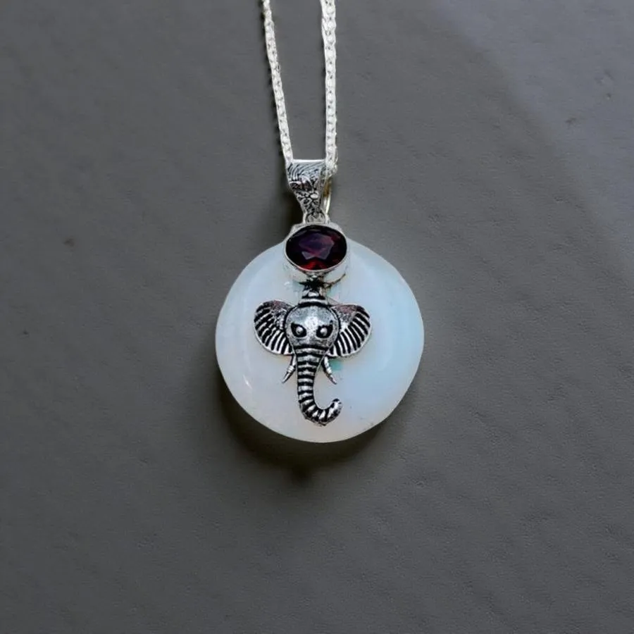 Opalite & Garnet Elephant Necklace