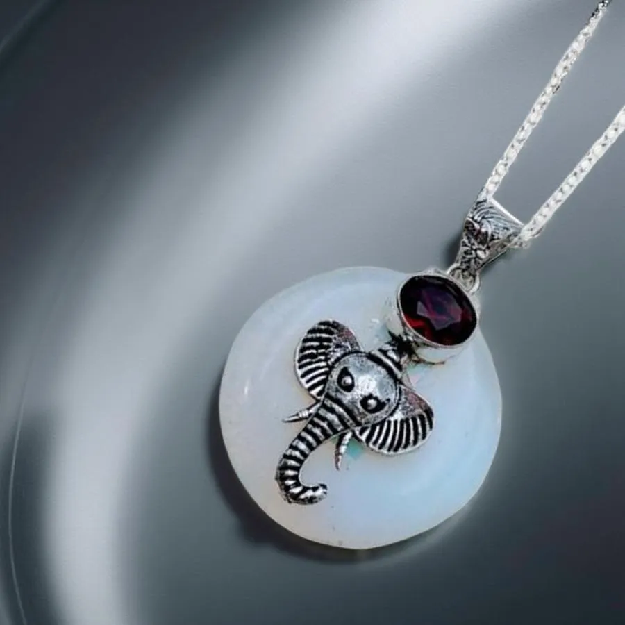 Opalite & Garnet Elephant Necklace