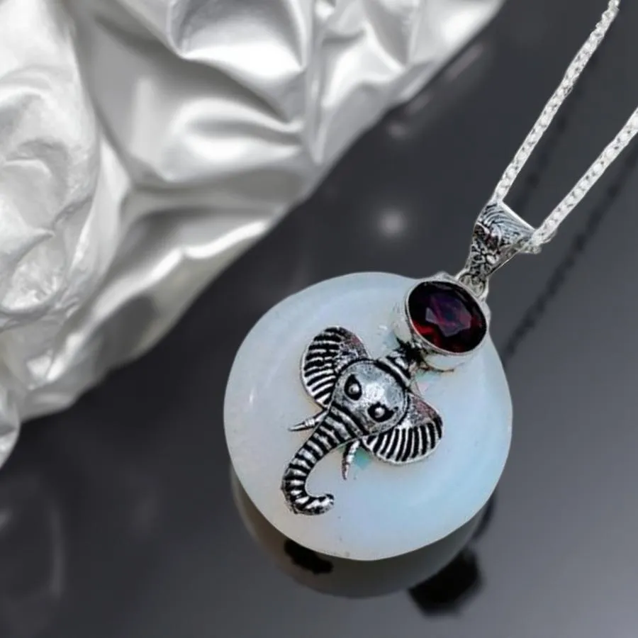 Opalite & Garnet Elephant Necklace