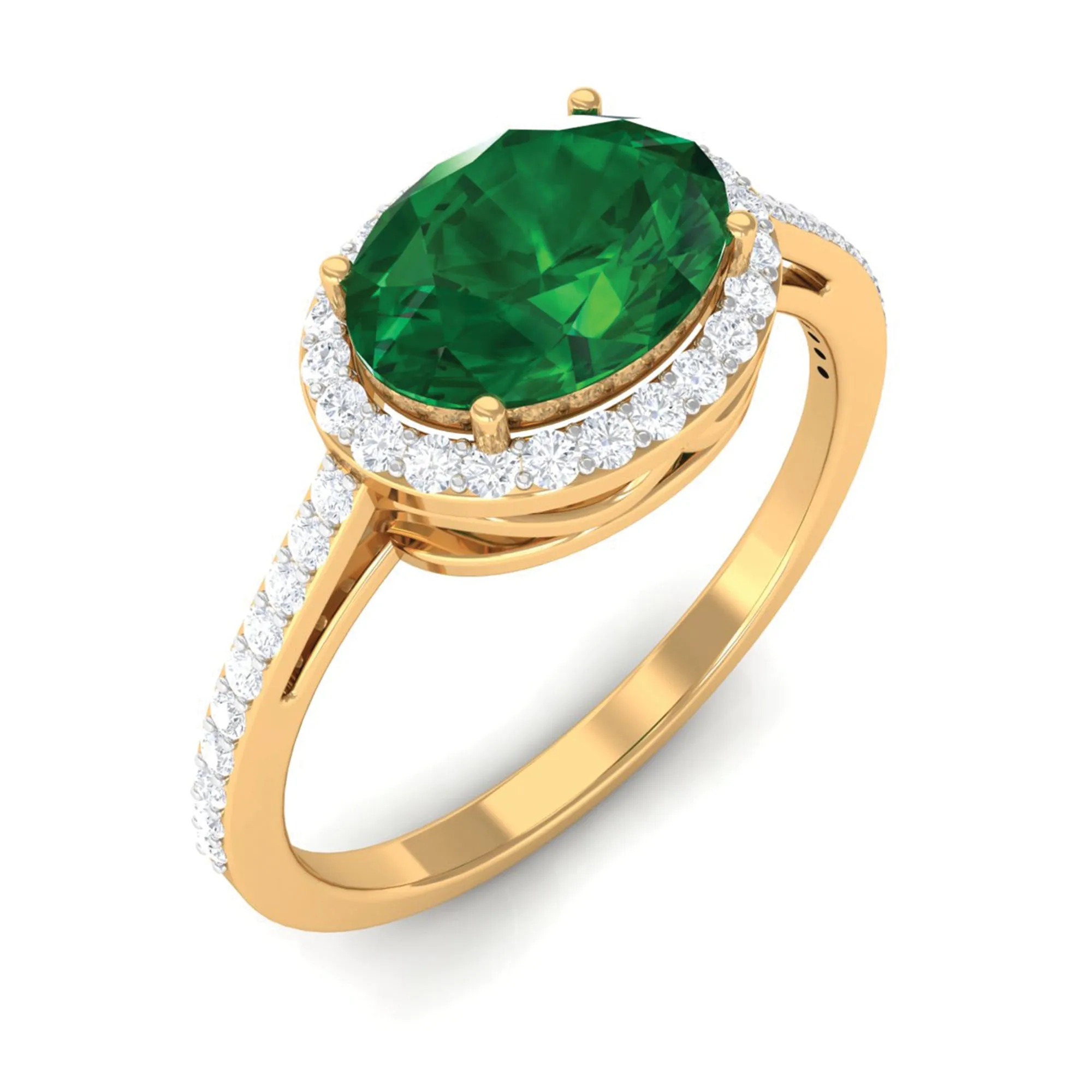 Oval Shape Created Emerald and Diamond Accent East West Ring