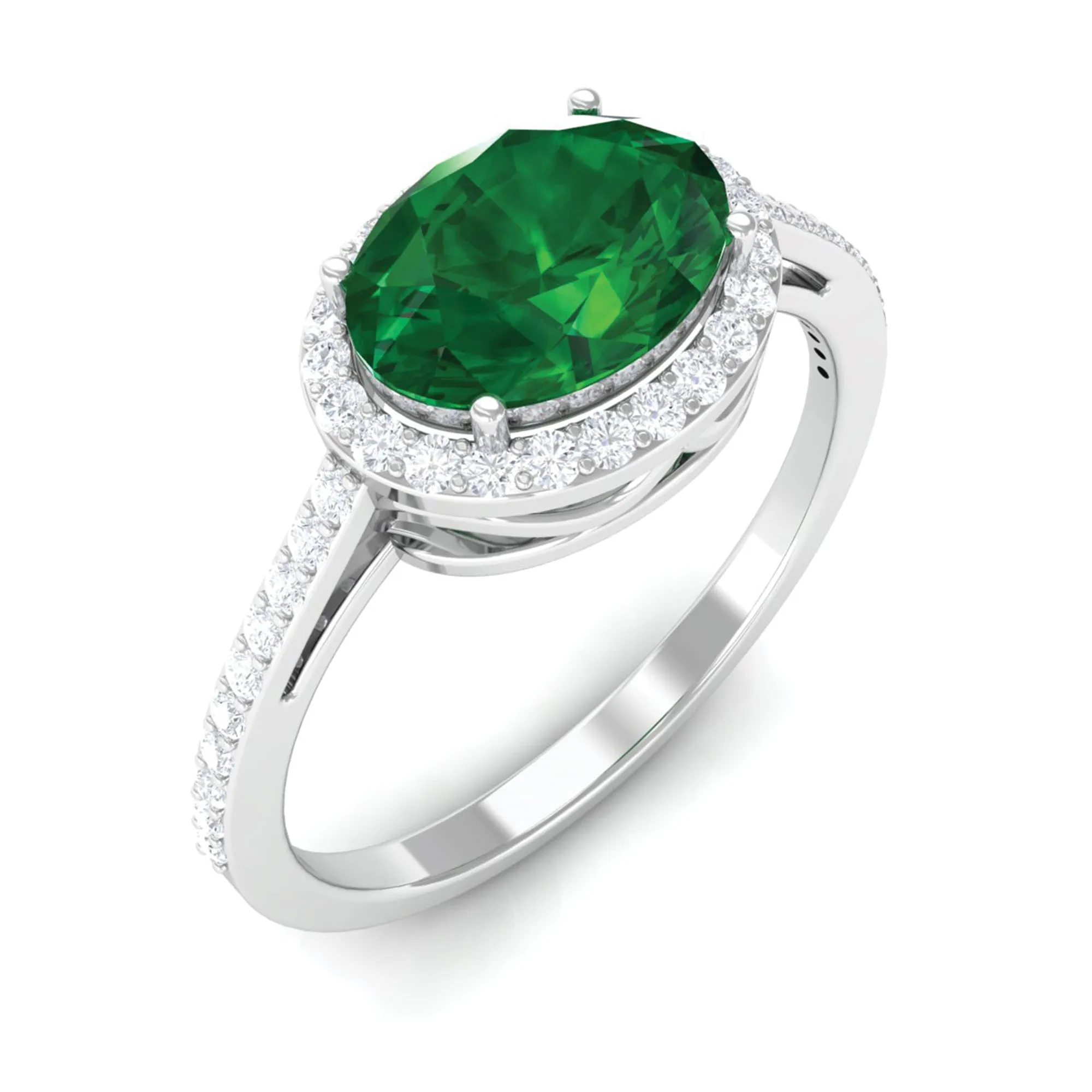 Oval Shape Created Emerald and Diamond Accent East West Ring