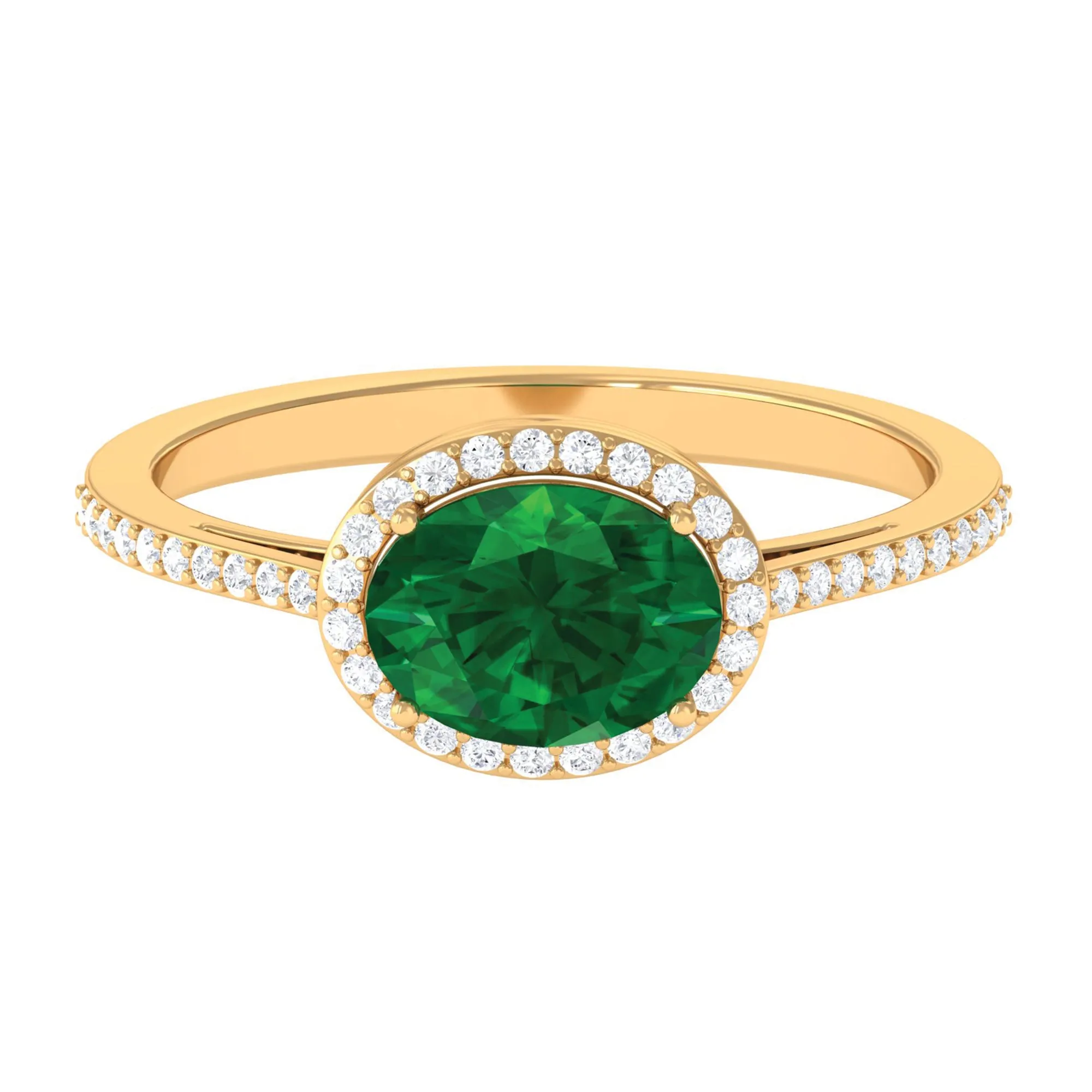 Oval Shape Created Emerald and Diamond Accent East West Ring