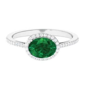 Oval Shape Created Emerald and Diamond Accent East West Ring