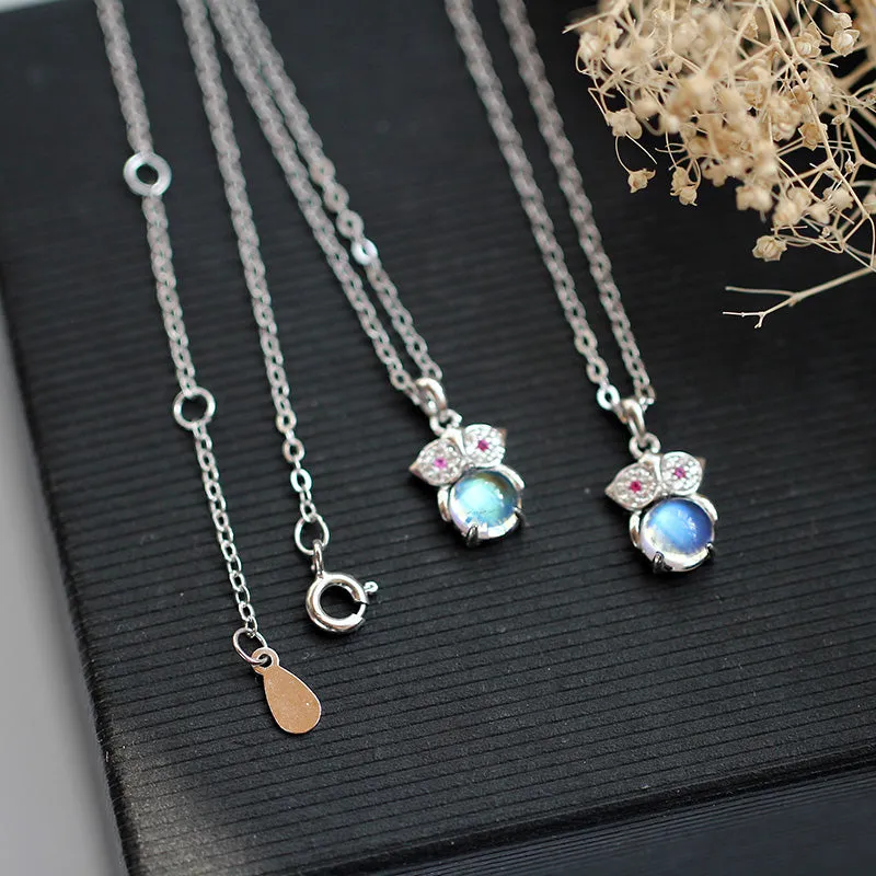 Owl Shaped Moonstone Pendant Necklace White Gold Plated Silver Handmade Gemstone Jewelry Women