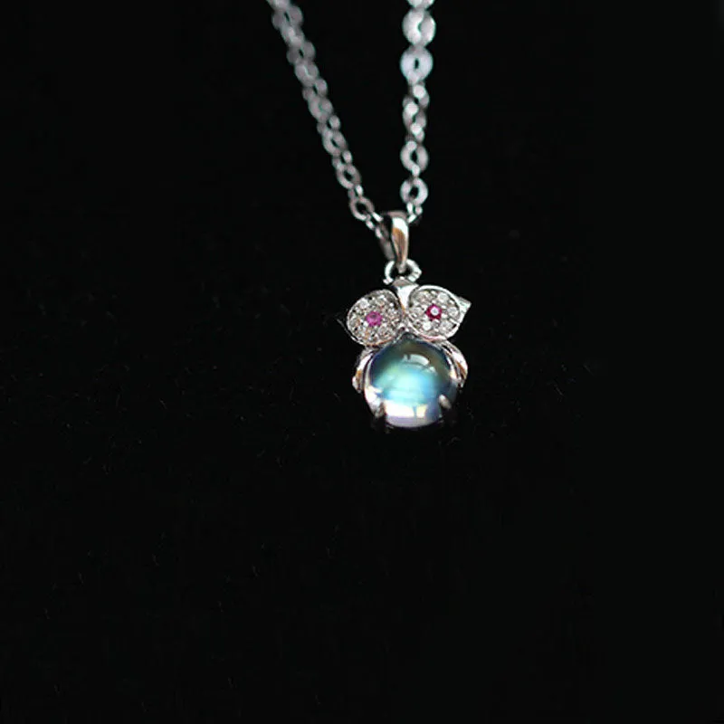 Owl Shaped Moonstone Pendant Necklace White Gold Plated Silver Handmade Gemstone Jewelry Women