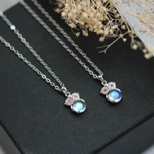 Owl Shaped Moonstone Pendant Necklace White Gold Plated Silver Handmade Gemstone Jewelry Women