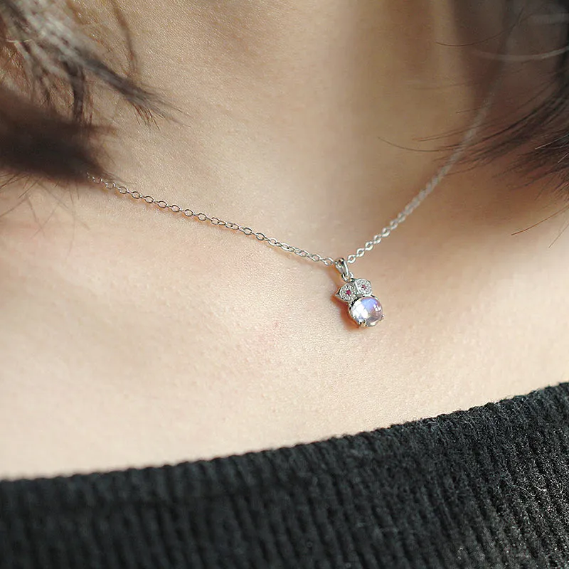 Owl Shaped Moonstone Pendant Necklace White Gold Plated Silver Handmade Gemstone Jewelry Women