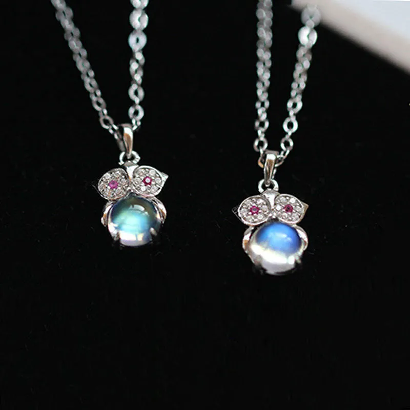 Owl Shaped Moonstone Pendant Necklace White Gold Plated Silver Handmade Gemstone Jewelry Women