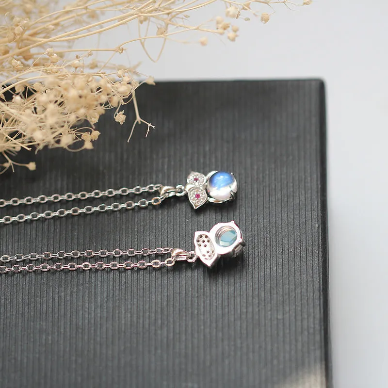 Owl Shaped Moonstone Pendant Necklace White Gold Plated Silver Handmade Gemstone Jewelry Women