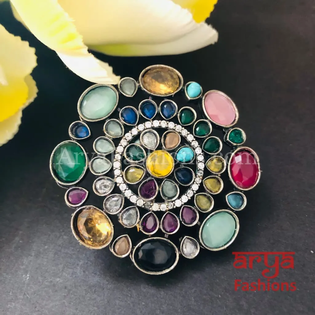 Oxidized Silver Ethnic Adjustable Ring/ Colorful Statement Ring