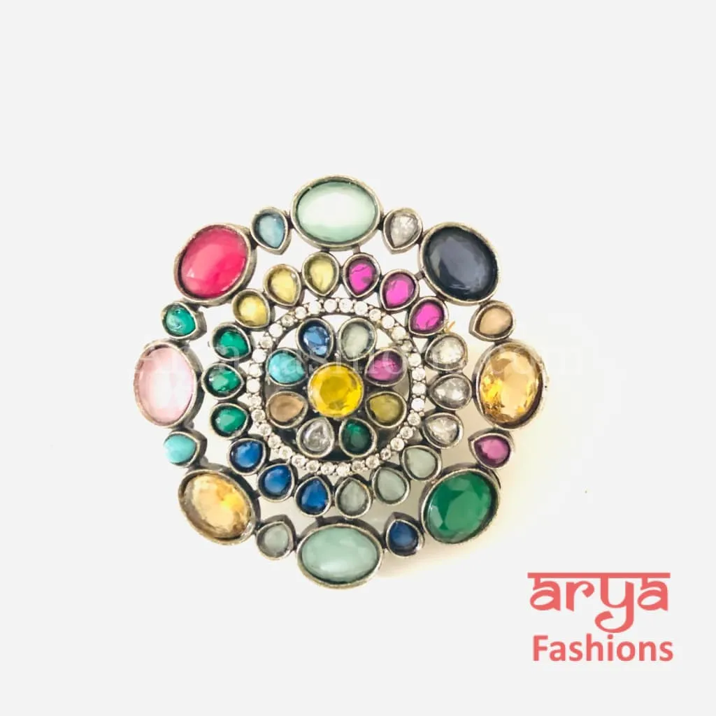 Oxidized Silver Ethnic Adjustable Ring/ Colorful Statement Ring